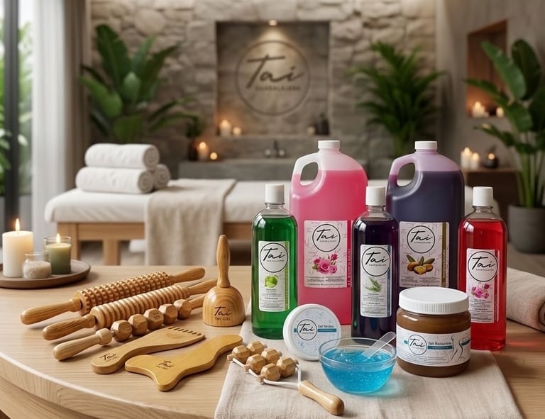 Herramientas profesionales de maderoterapia y productos para masajes en spa