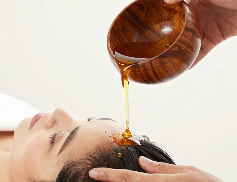 Traditional ayurvedic oils and tools used in healing therapies.
