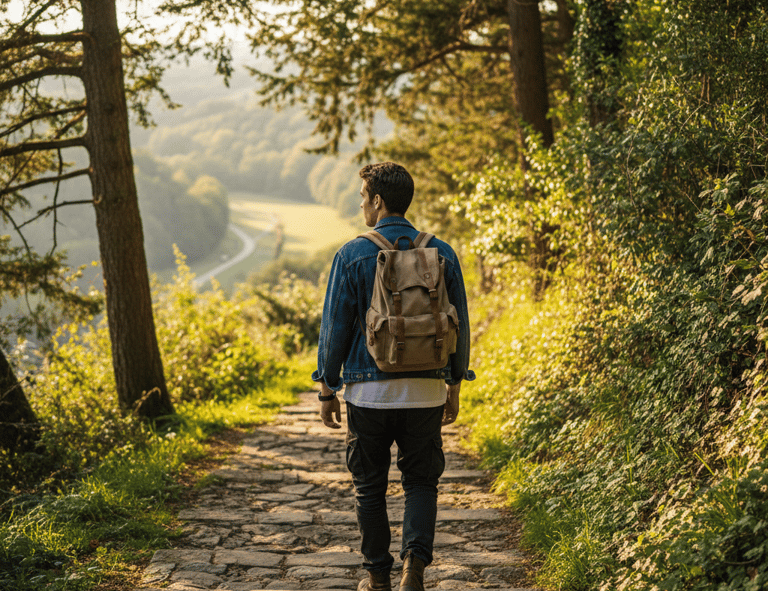 A male hiker with a canvas backpack walks down a stone path in a sunny forest during sunset.