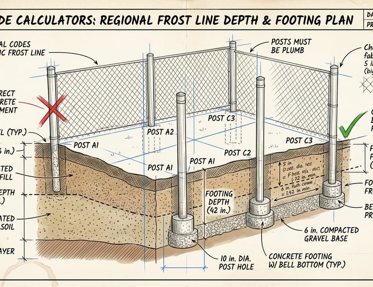 Diagram showing regional frost line depth and bell-bottom concrete footing plan for post installation.