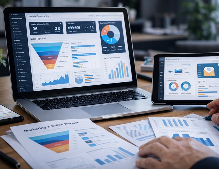 Digital marketing and sales dashboard displayed on a laptop and tablet with analytics reports.