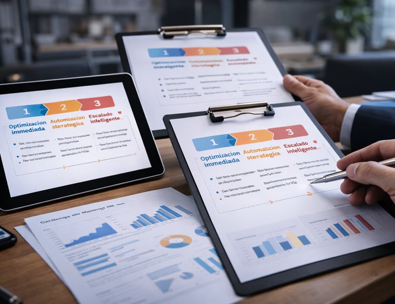 Professional reviewing business growth strategy charts and data analytics on a tablet and paper clipboards.