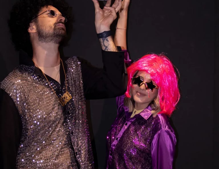 Tourists holding a disco ball in a neon-lit party room, a unique things to do in Split nightlife.