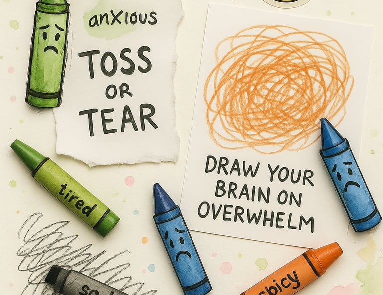 Colorful crayon characters with torn paper and scribbles, illustrating emotional expression thru art