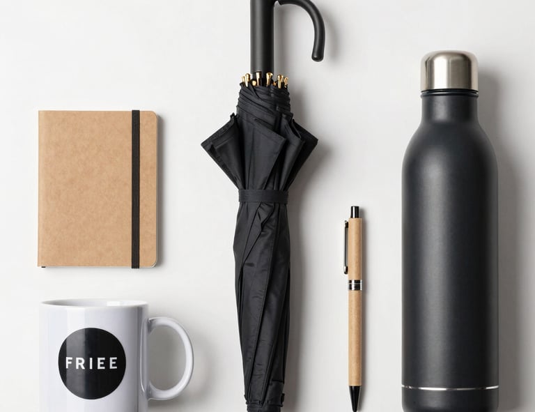 An assortment of promotional merchandise including tote bags, pens, and jute bags on a clean white background.