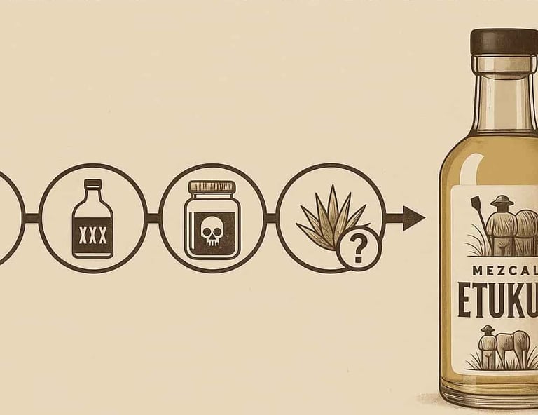 Línea de tiempo visual que muestra la evolución de las técnicas de adulteración del mezcal, desde mé