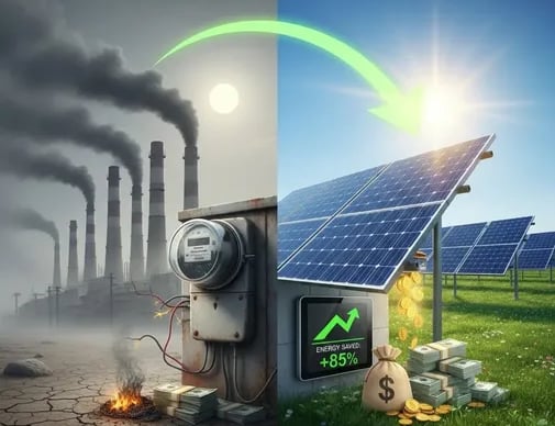 Imagen divida en dos con un fondo gris y humo y otro en color azul mostrando los beneficios de panel