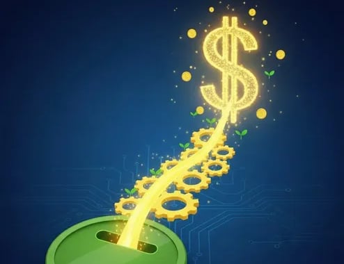 Fondo azul con una moneda verde de la que sale un signo de pesos en color dorado y engranes en color