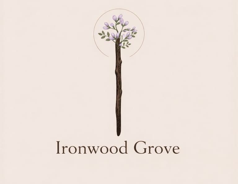 Ironwood Grove logo featuring a blooming branch with purple flowers and green leaves.