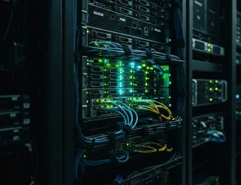 Close-up of a high-density server rack, glowing green and cyan status LEDs, clean cable management, dark low-key atmospheric lighting, 35mm lens