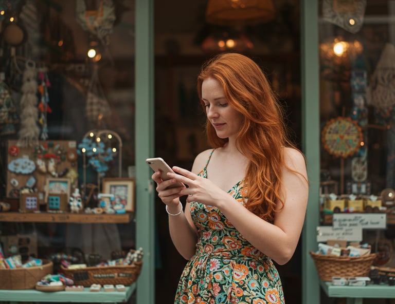 Image of woman in front of store looking at smartphone