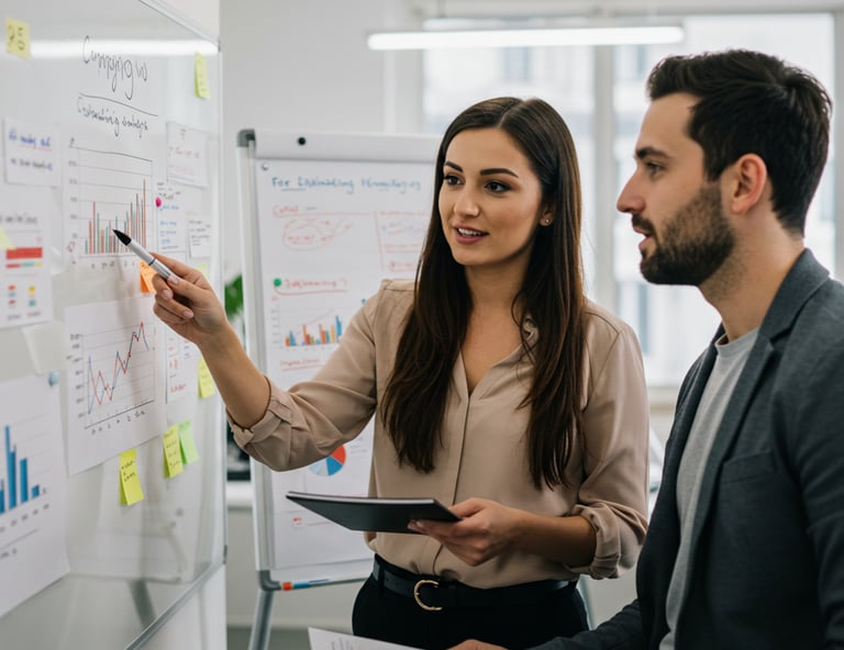 A woman and man having a discussion in front of a whiteboard with campaign results