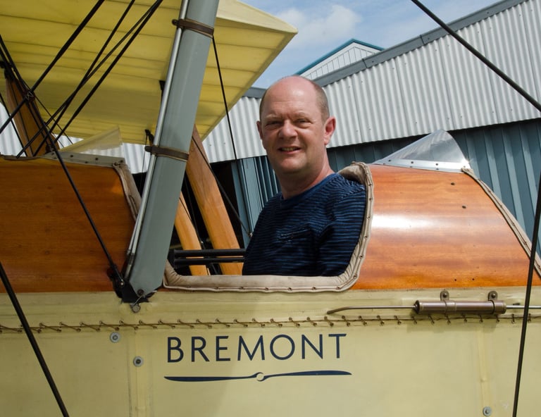 Andrew White in a replica BE2