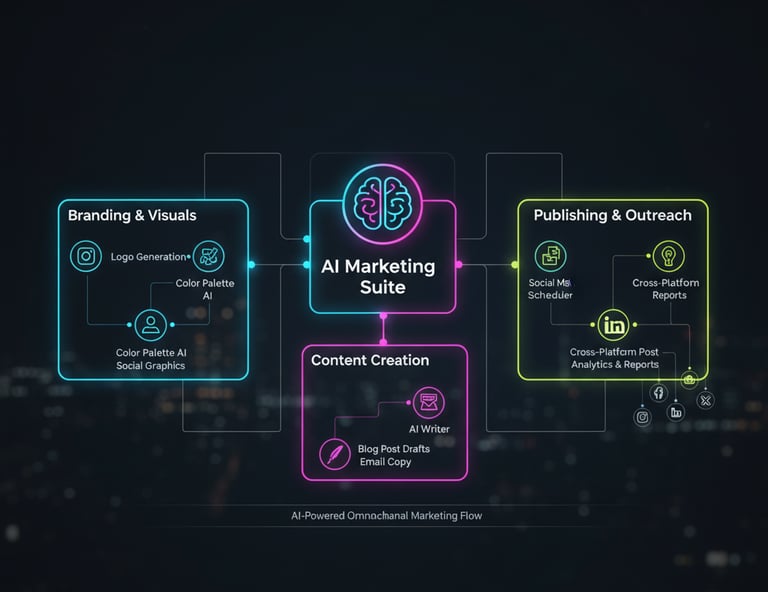 Integrated AI marketing system showing interconnected automation tools.