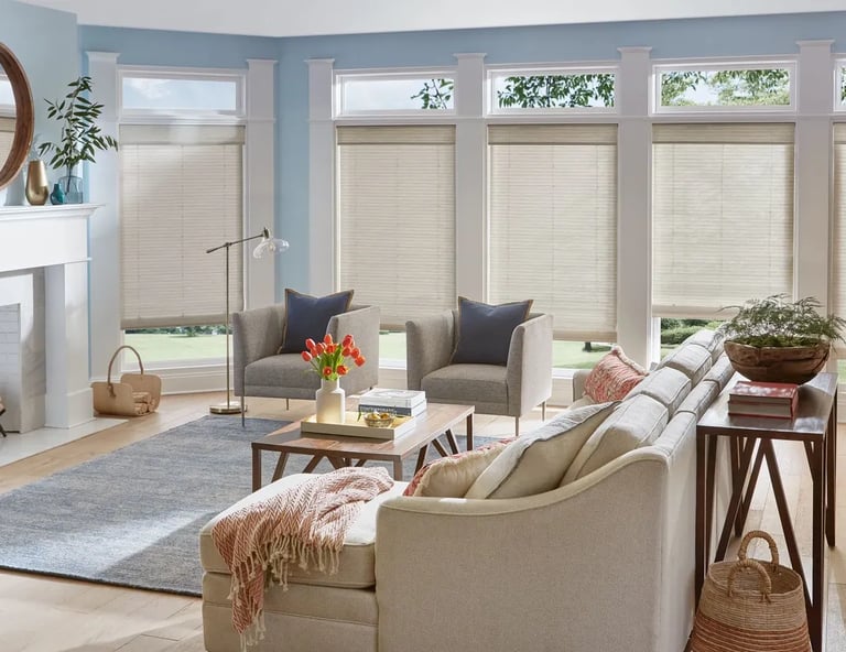 living room with beige cellular shades and natural light – Rise Up Window Coverings Milwaukee