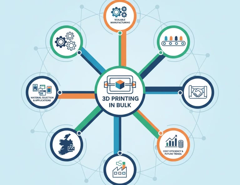 A circular infographic showing 3D printing in bulk with scalable manufacturing and cost efficiency benefits.