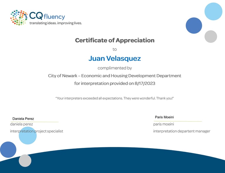 Certificate of Apreciation to Juan Velasquez