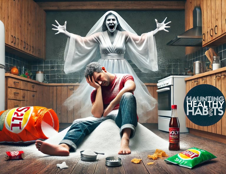 A distressed man sitting in a kitchen surrounded by spilled salt and chips as the Salt Siren
