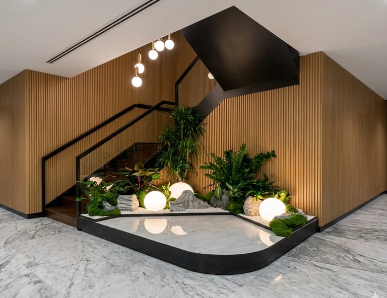 Indoor staircase garden feature with sphere lights – Yie Yang Landscape, Malaysia