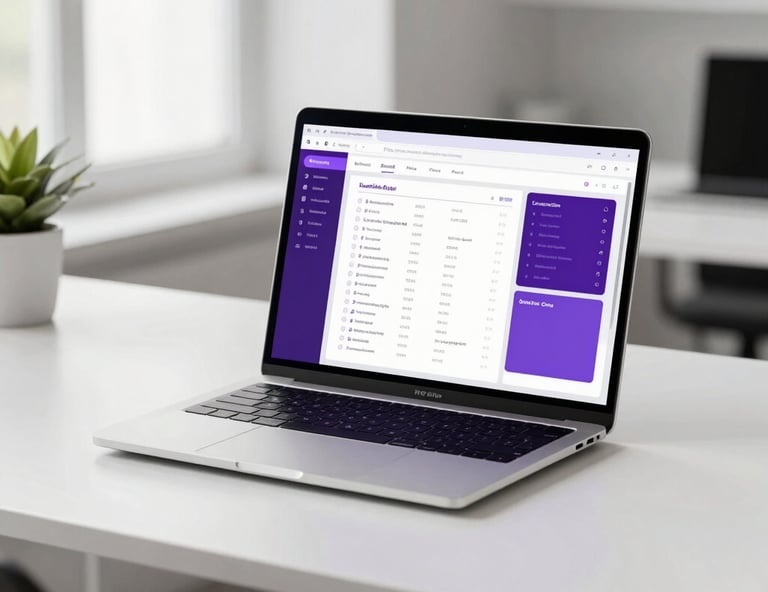 Minimalist workspace in a bright office in Milan, Southern European setting. A sleek modern laptop on a white desk displays a clean digital marketing dashboard with medium purple interface elements. Professional lighting, sharp focus, high-end corporate photography style.