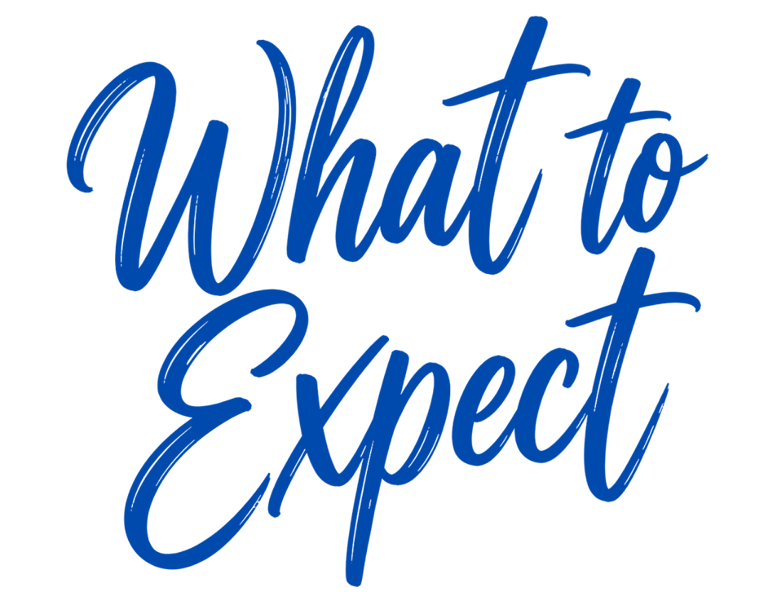 Handwritten blue brush script text reading “What to Expect” in a stacked two-line layout on a clean transparent background.