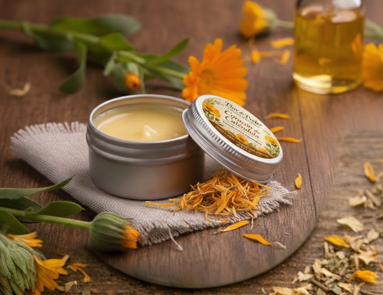 Bálsamo curativo de caléndula natural en una lata de metal con flores secos sobre una mesa de madera