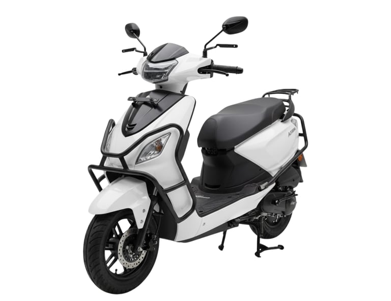 White Atria EV scooter with black premium accessories including front guard, side guards.