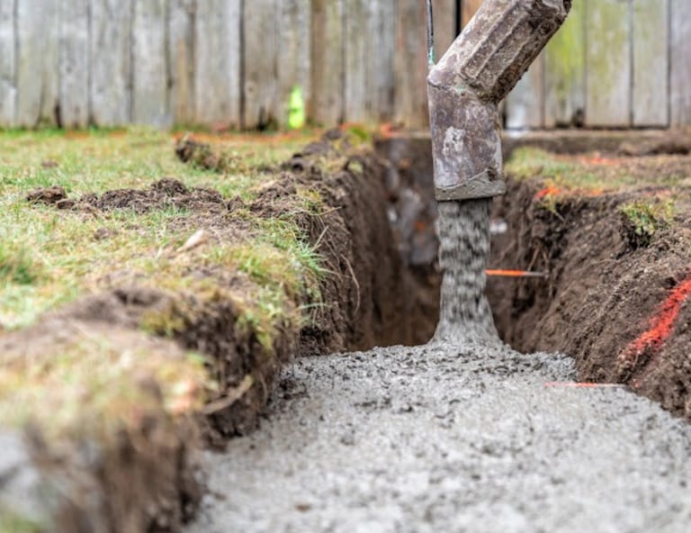 a concrete slab being poured into a concrete foundation