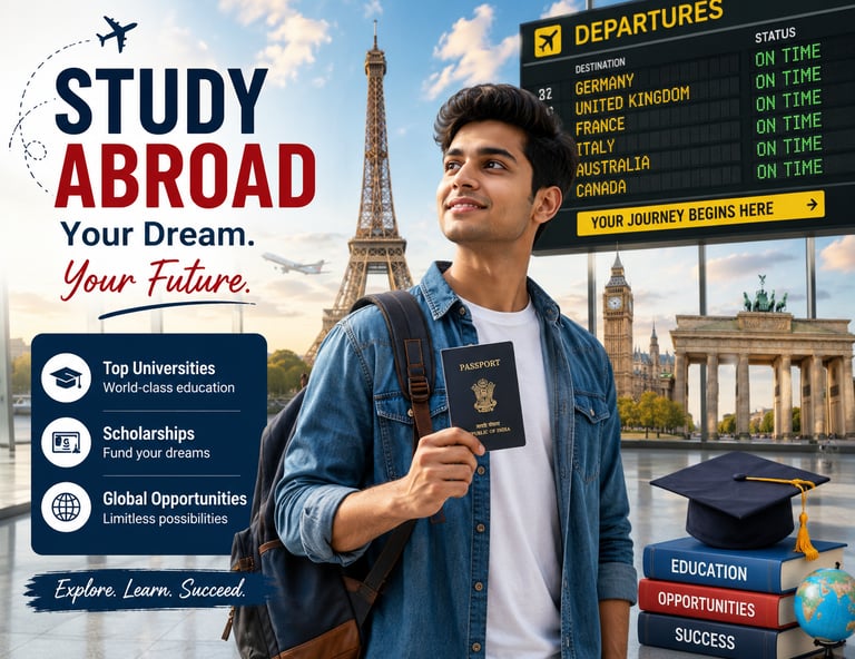 Indian student at airport with passport dreams of studying abroad                        