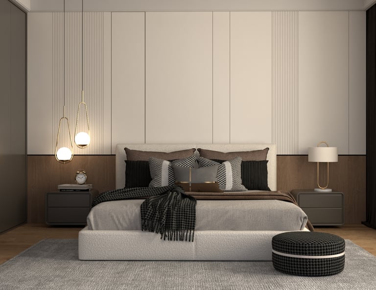 Modern luxury bedroom interior featuring a neutral upholstered bed, elegant pendant lights, and minimalist decor.