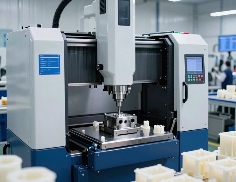 A close-up of a skilled technician inspecting a high-precision metal component in a clean industrial setting.