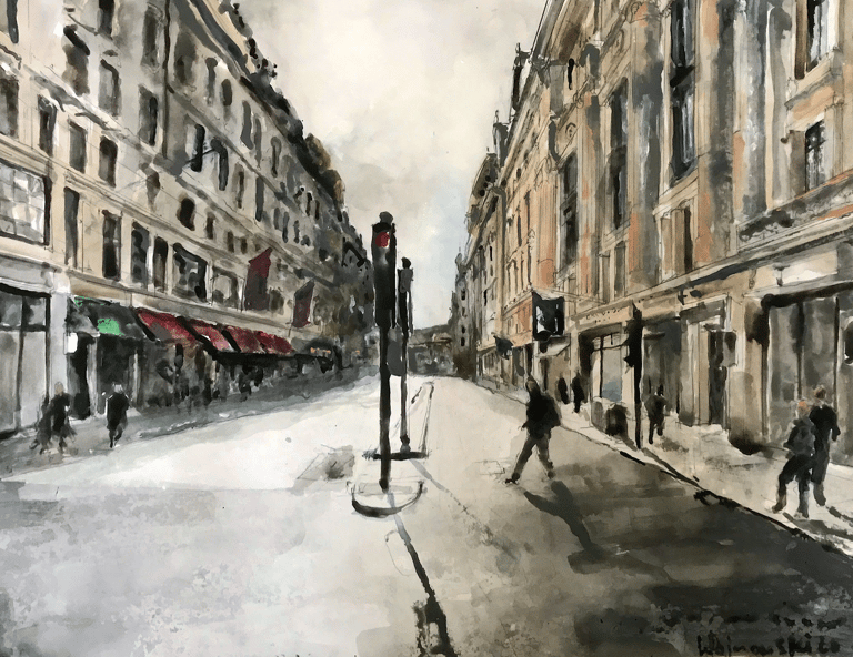 a painting of Regent Street scene with a man walking down the street