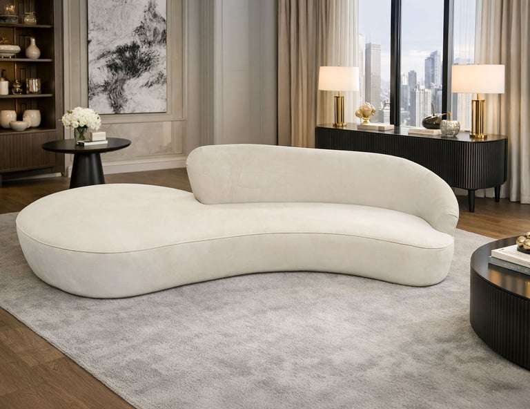 Curved cream sofa in a modern luxury living room with neutral decor, soft area rug, and city-view windows.