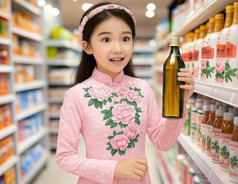 cô bé cầm chai dầu lạc nguyên chất