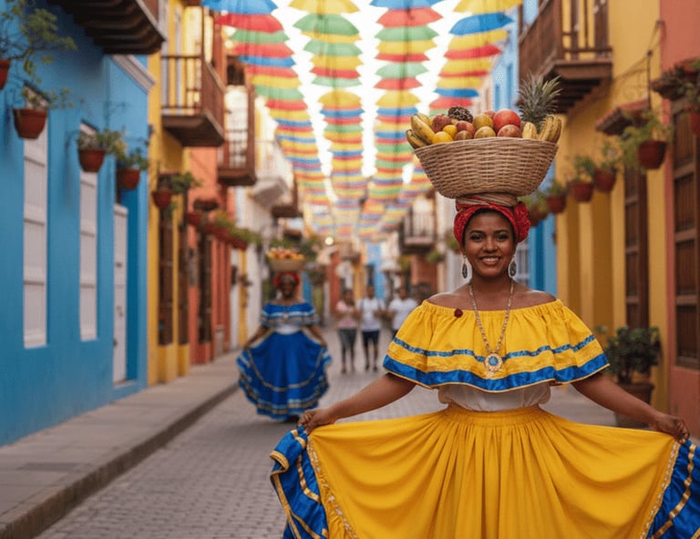 Eine Palenquera in einem gelben Kleid trägt einen Obstkorb auf dem Kopf in einer farbenfrohen Straße
