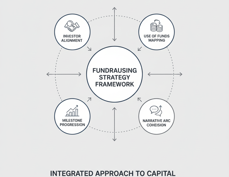 Diagram illustrating how a clear fundraising strategy aligns milestones, use of funds, investor fit,