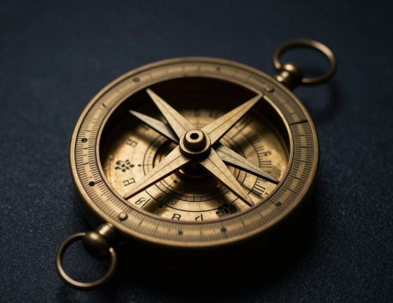 A close-up of a vintage brass astrolabe on dark parchment, dramatic low-key lighting, warm gold reflections against deep navy shadows, 35mm editorial photography.