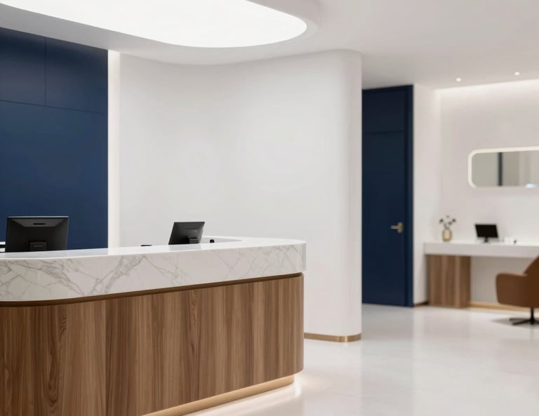 Sleek architectural shot of an empty high-end dental clinic lobby in Doha, diffused minimalist daylight, warm wood and marble accents, shallow depth of field