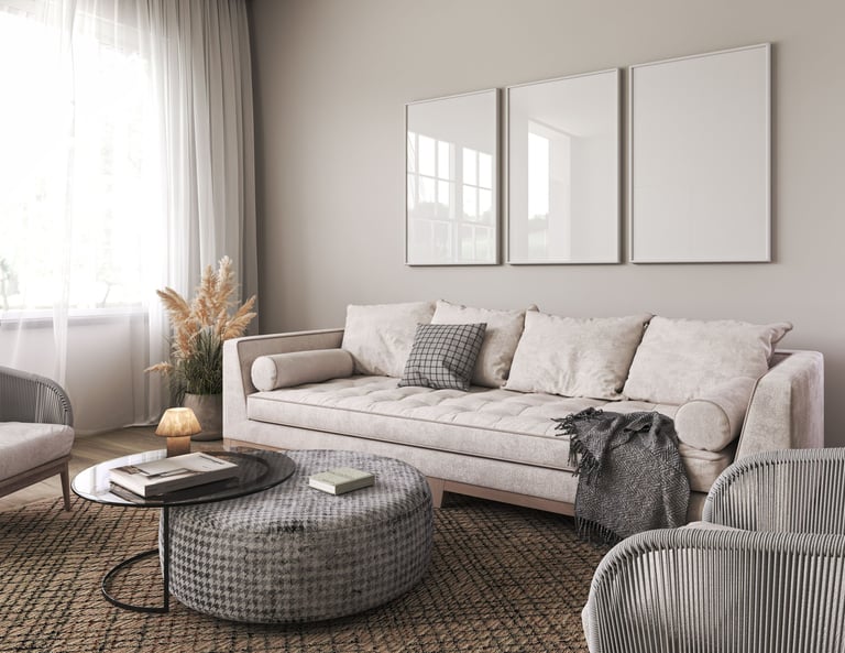 Compact narrow living room with slim furniture, small round coffee table, neutral colors, minimalist