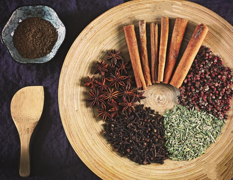 a bowl of spices and spices on a table