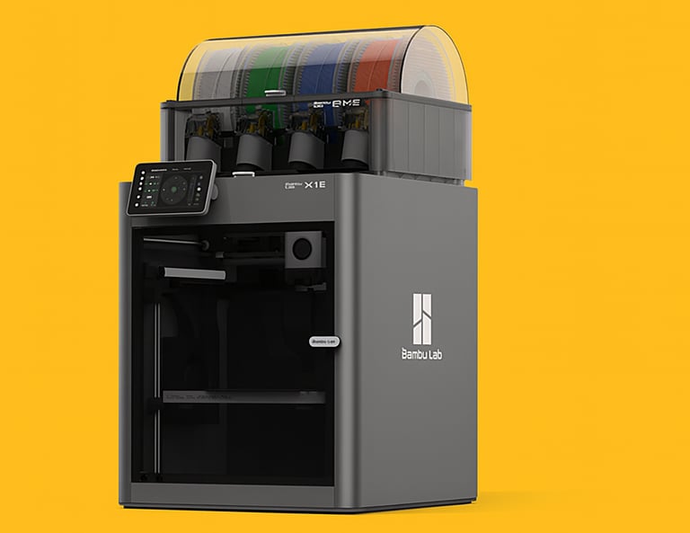bambu Lab 3d printer met een gele achtergrond