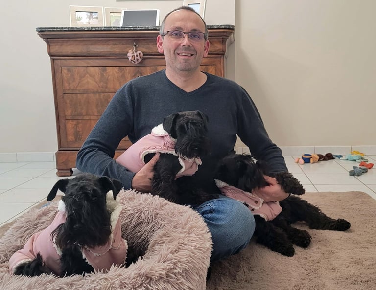 Eleveur et ses femelles Schnauzers