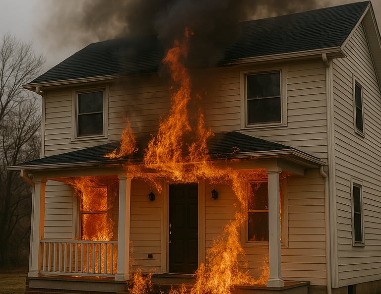 “Two-story house in Conroe beginning to catch fire, with flames emerging from the front porch