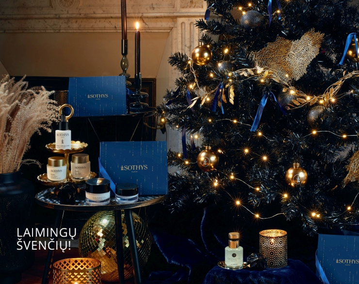 Sothys Kalėdų kolekcija 2025. Prabangi karališkos mėlynos ir auksinė dekoracija su Sothys kosmetikos