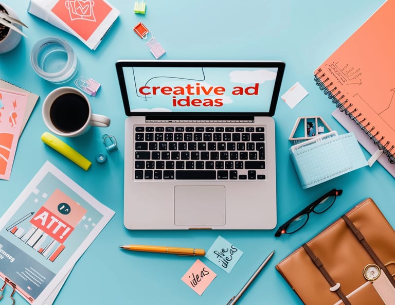 Creative workspace with laptop and colorful ad design elements — Ad Copywriting Prompt Pack for mark