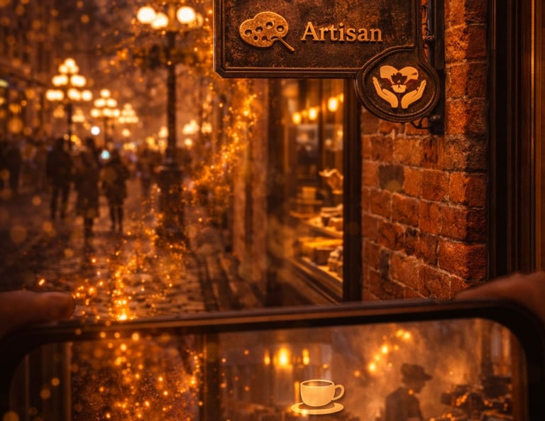 Historic Gastown coffee roaster café interior with warm lighting and the MyFavs discovery trail lead