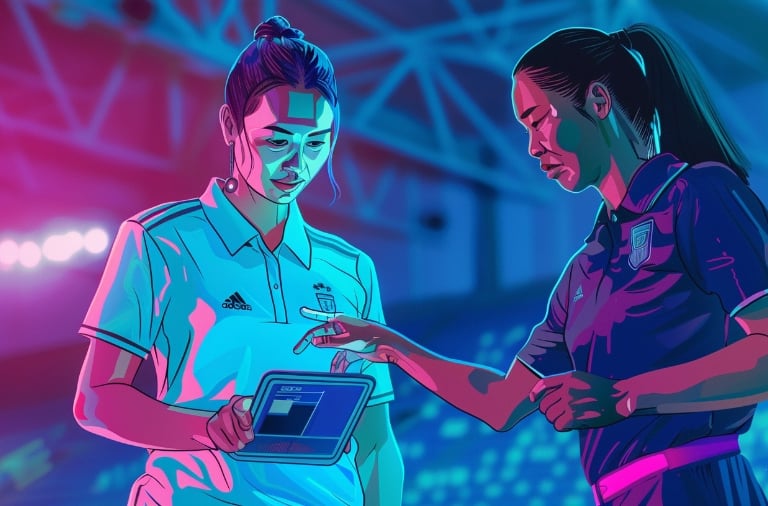 A female player and coach looking at GPS data on a tablet in a stadium