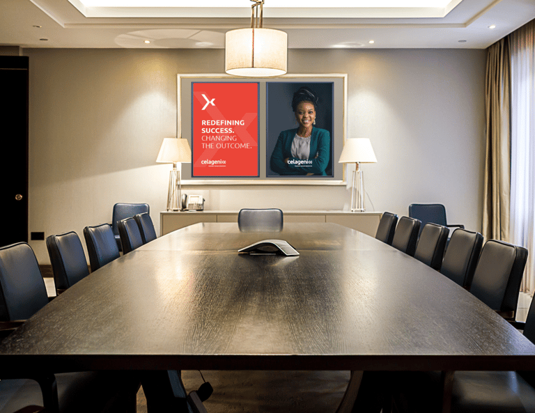 Celagenix boardroom with a Celagenix poster on the wall: Redefining Success. Changing the Outcome.