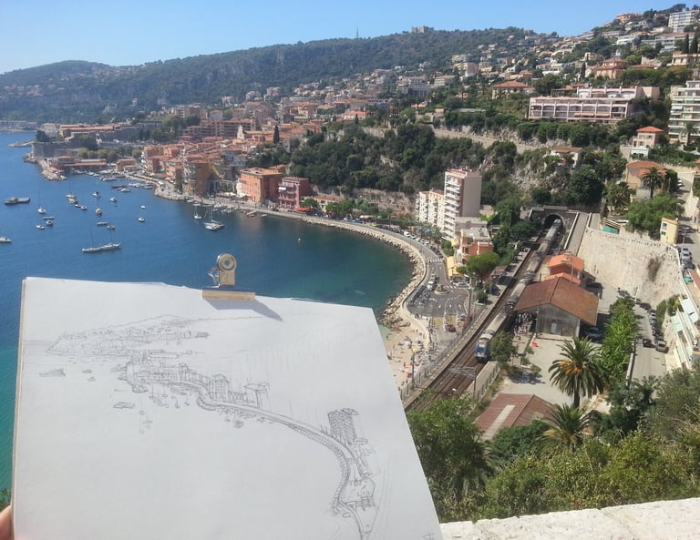 City sketching in Villefranche-sur-Mer by artist Evgeny Bondarenko