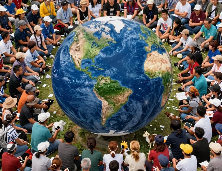 A community gathering engaging in a cultural event promoting sustainability and social responsibility.